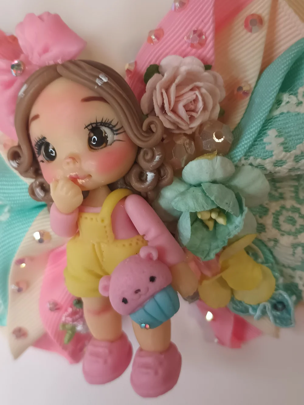 Handmade Pastel Pink & Aqua Doll Bow Hair Clip for Women and Girls